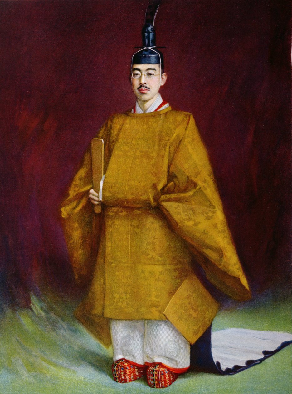 Keizer Hirohito (1901-1989) in kroningskostuum, 1928 door French School