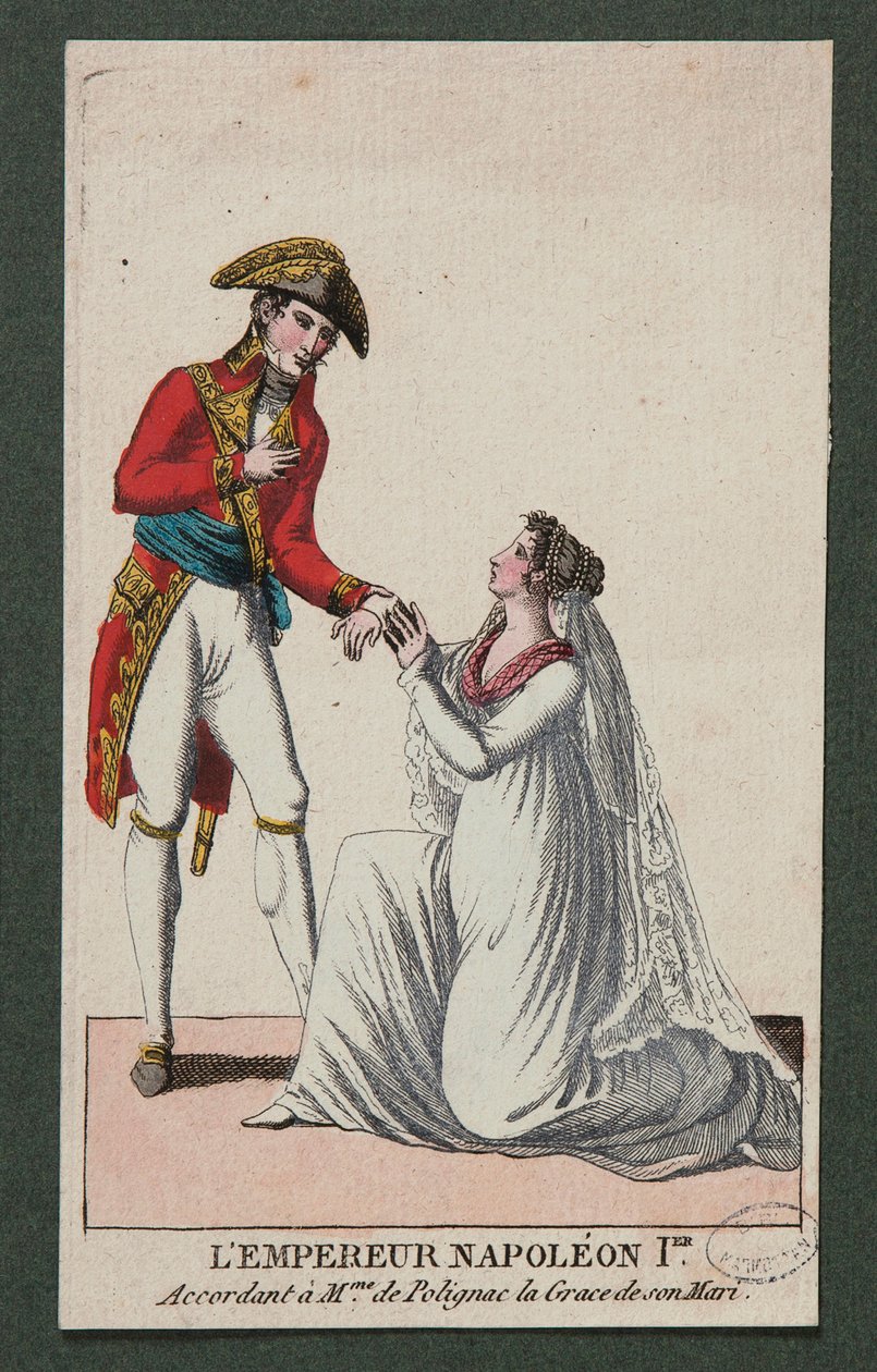 Keizer Napoleon I verleent Madame de Polignac gratie voor haar echtgenoot door French School