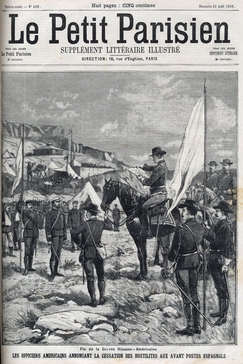 Einde van de Spaans-Amerikaanse Oorlog in 1898. Amerikaanse officieren kondigen het staken van de vijandelijkheden aan bij de Spaanse voorposten. Gravure in 