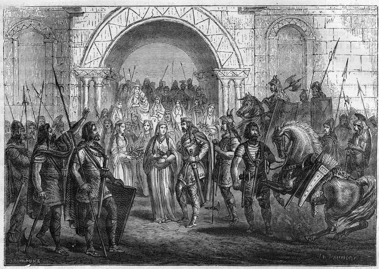 Intocht van Chilperik I (539-584), koning van de Franken en Galswinthe in Rouen. door French School