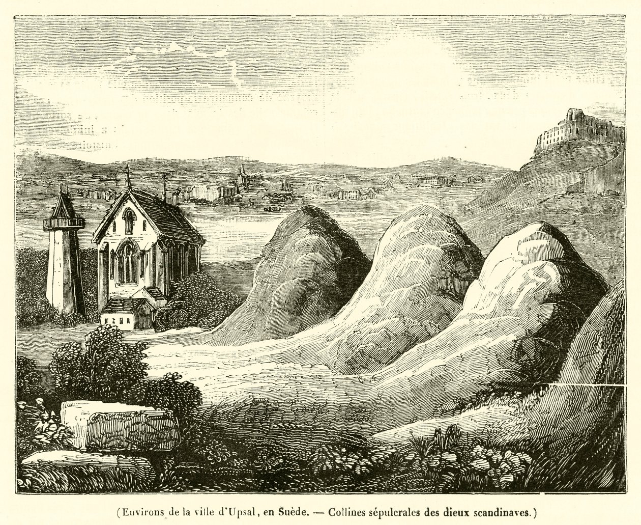 Omgeving van de stad Upsal, Zweden, Grafheuvels van de Scandinavische goden (gravure) door French School