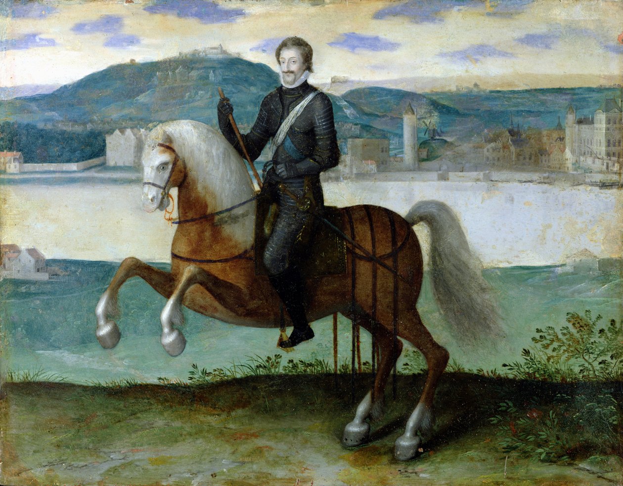 Ruiterportret van Hendrik IV (1553-1610) Koning van Frankrijk, voor de muren van Parijs, 1594 door French School
