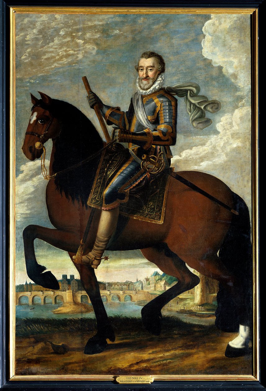 Ruiterportret van Hendrik IV, koning van Frankrijk voor de Pont Neuf in Parijs door French School