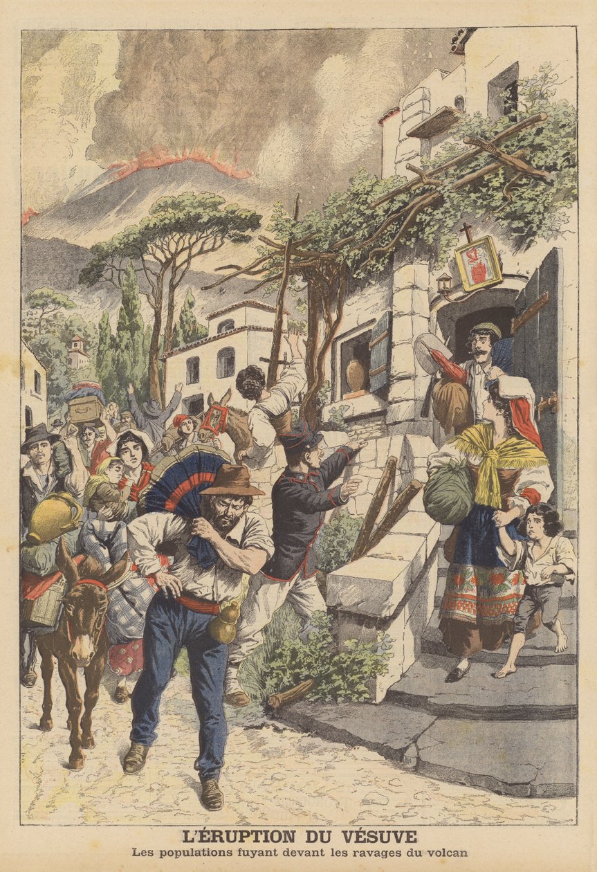 Uitbarsting van de Vesuvius (kleurenlitho) door French School
