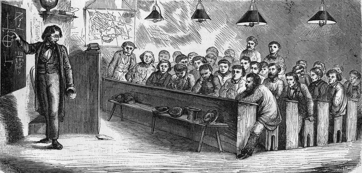 Avondles op een openbare avondschool in Parijs in 1858. door French School