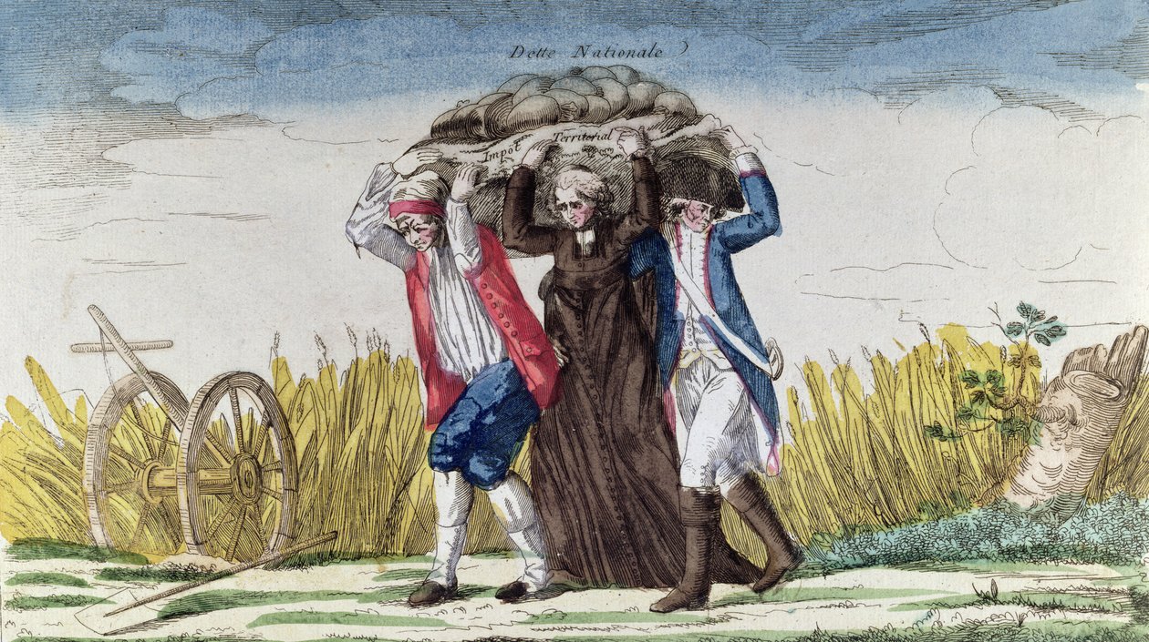 Iedereen draagt de last van Belastingen en Nationale Schuld, ca. 1789 door French School