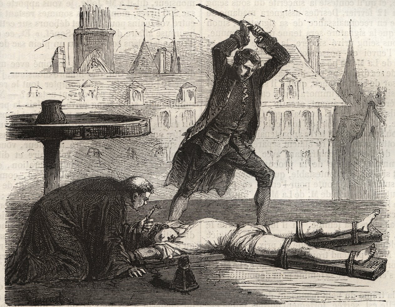 Executie (Le torice de la roue) van de vergiftiger Antoine-Francois Desrues (1744-1777) op de Place des Greves in Parijs in 1777 - Straf van Desrues, gebroken op het rad op de Place de Greve in Parijs door French School