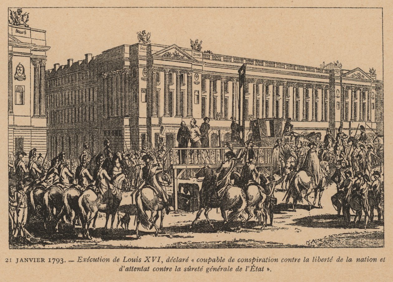 Executie van koning Lodewijk XVI van Frankrijk, Parijs, Franse Revolutie, 21 januari 1793 (gravure) door French School