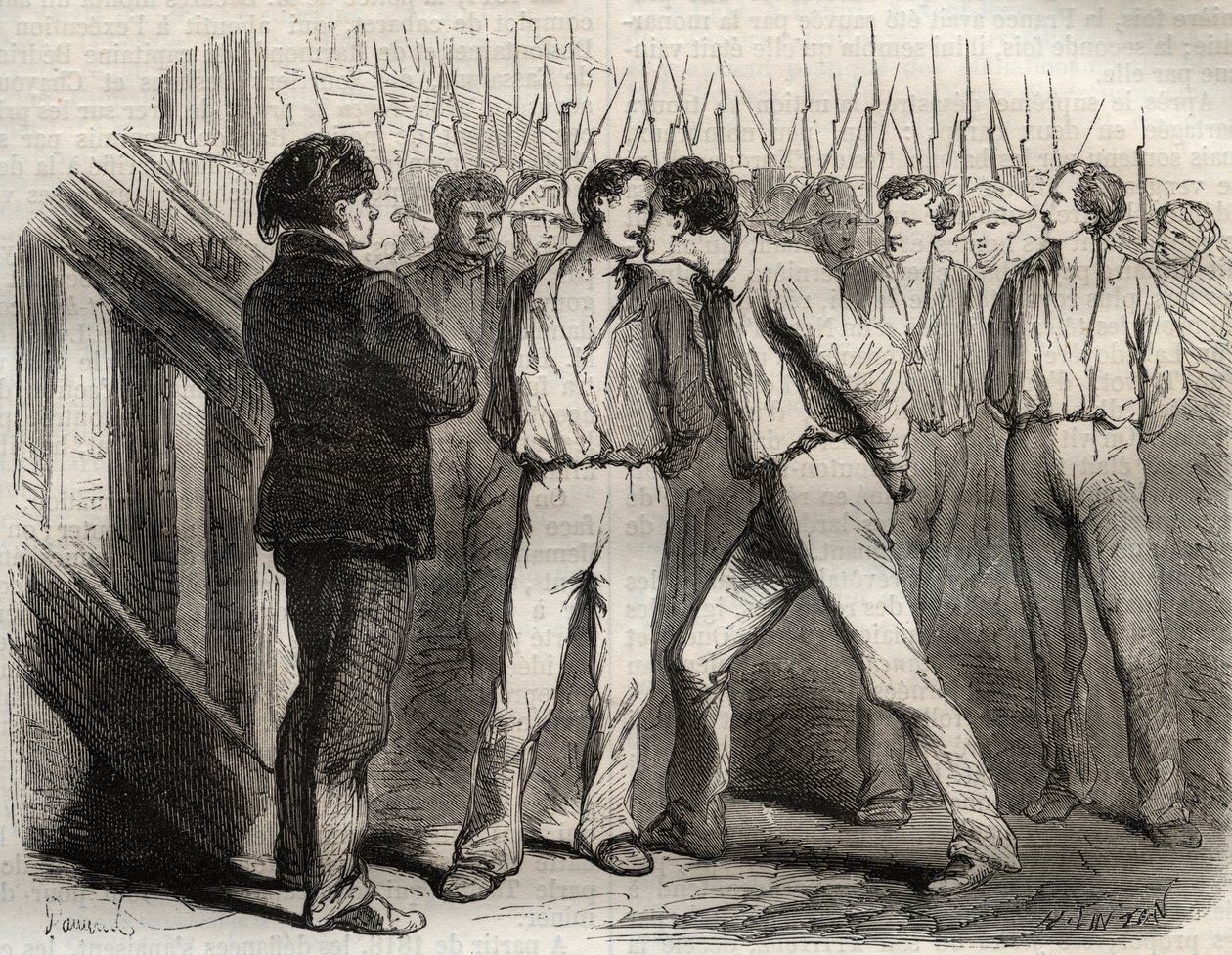 Executie van de vier sergeanten van La Rochelle op 21 september 1822: Bories, Raoulx, Gaubin, Pommier - Raoulx, die als eerste zou worden geëxecuteerd, vroeg om zijn kameraden te omhelzen - Gravure in 