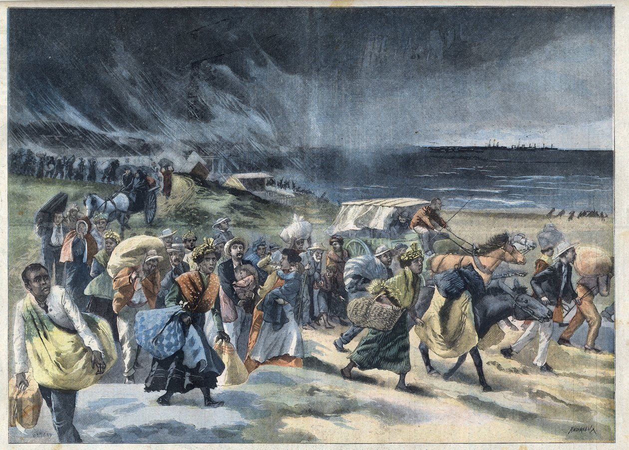 Exodus van de inwoners van Fort de France (Fort-de-France) na de uitbarsting van de vulkaan Montagne Pelee op Martinique. Gravure in 