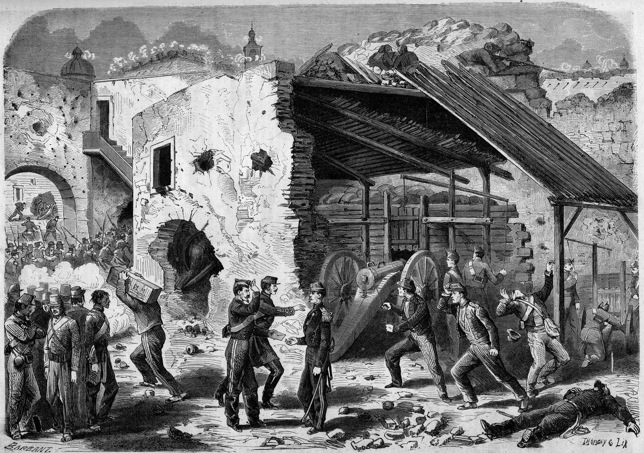 Expeditie naar Mexico (1861-1867) - beleg van Puebla - 1863: aanval op een blok (huizenblok) door het Franse leger. Eenmaal binnen in de stad moesten de Franse soldaten wijk voor wijk vechten. Gravure in 