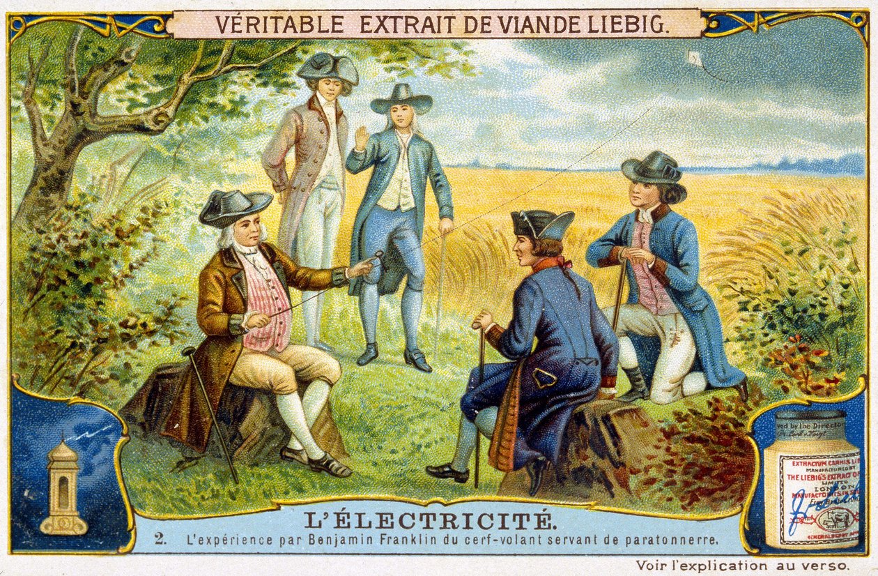 Experiment van Benjamin Franklin met vliegende herten als bliksemafleider - Liebig reclame sticker door French School
