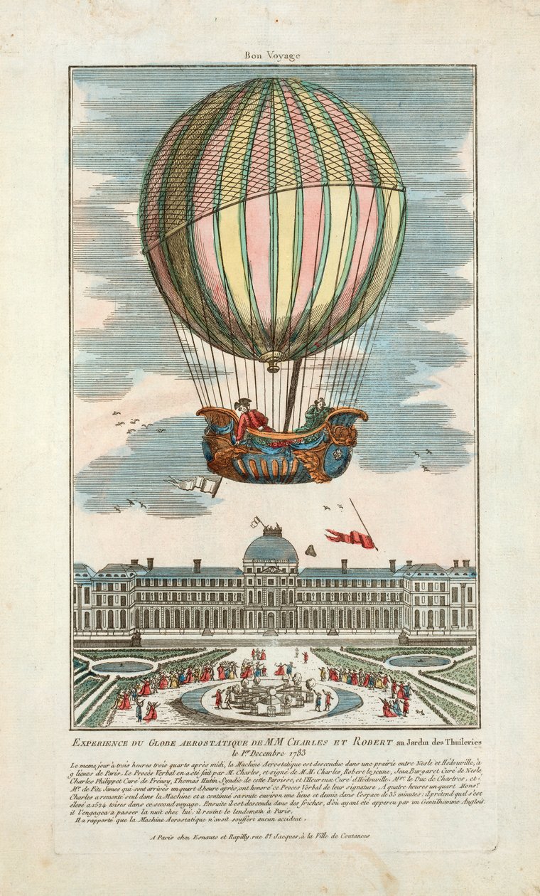 Ervaring van de luchtballon van MM. Charles en Robert in de Jardin des Thuileries op 1 december 1783, uitgegeven 1783 door French School
