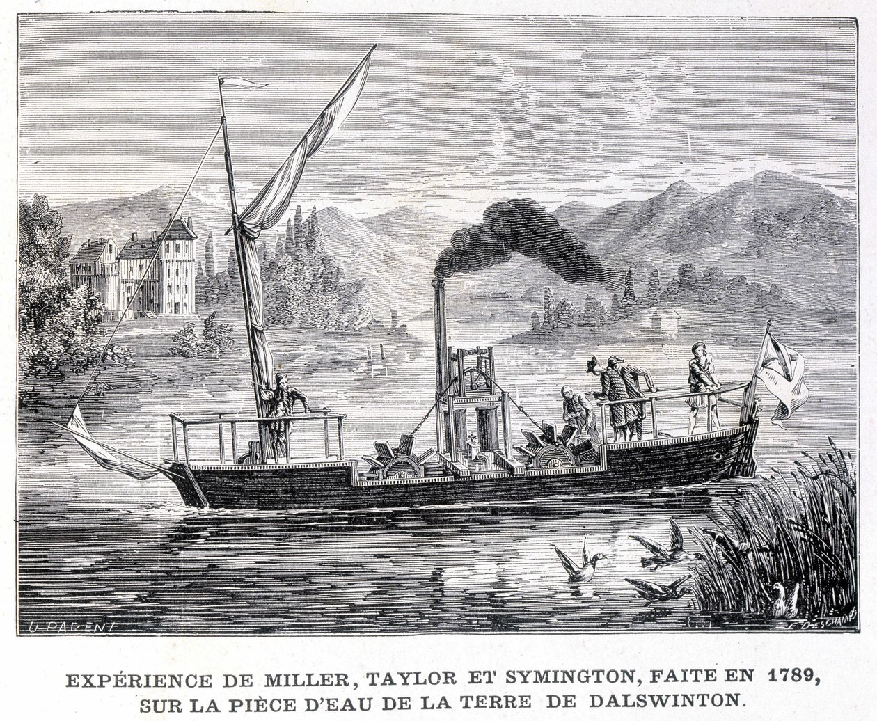 Ervaring van Miller, Taylor en Symington, gedaan in 1789, op het waterstuk van Dalswinton