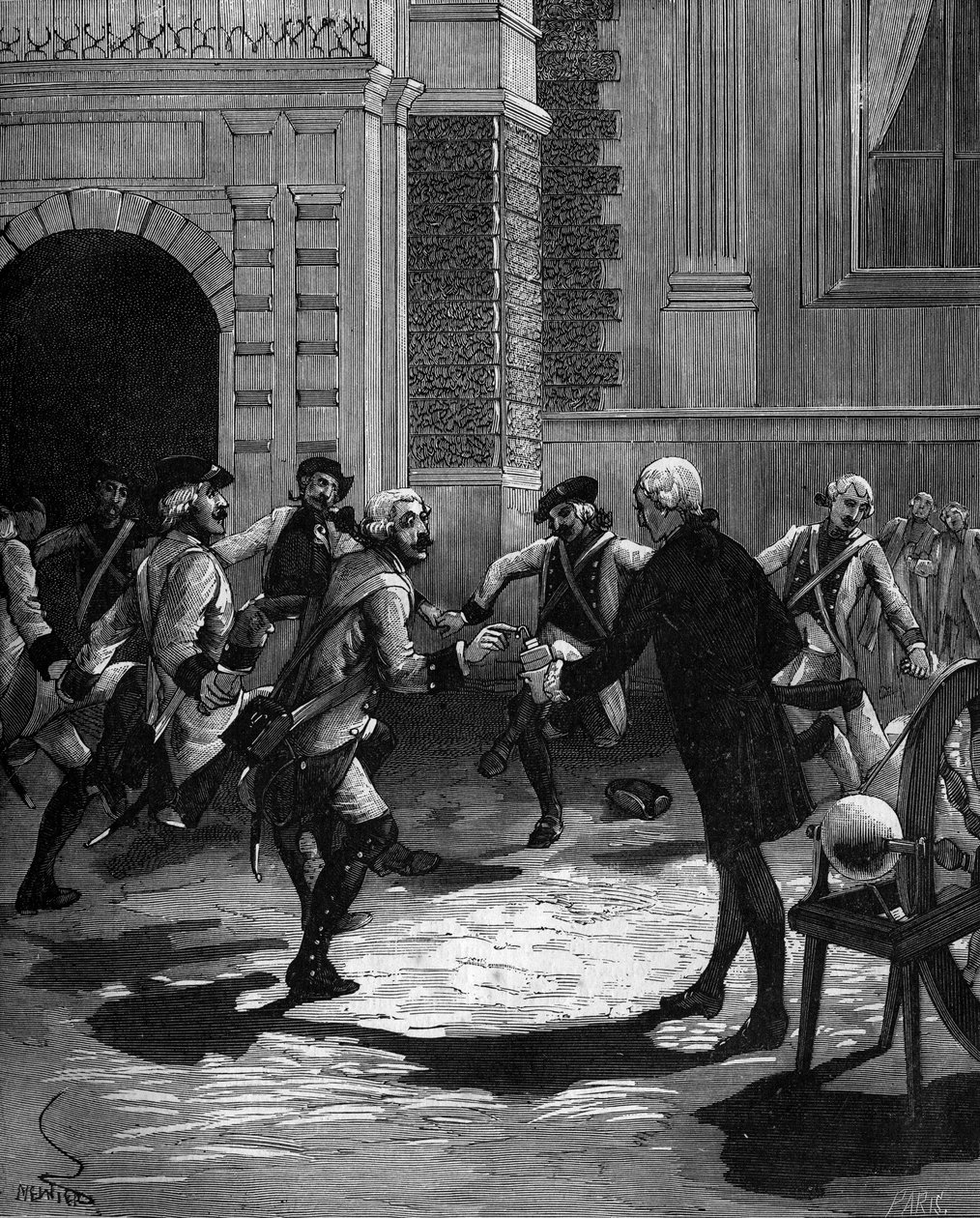 Ervaring van de fles van Leiden door Abbe Jean Antoine Nollet (Jean-Antoine) (1700-1770), Franse natuurkundige in Versailles, waar 180 bewakers tegelijkertijd werden getroffen.1746. door French School