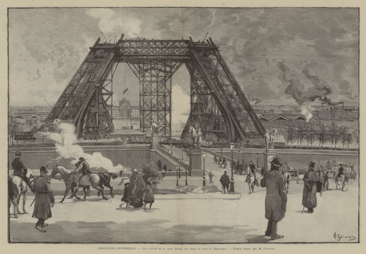 Exposition Universelle, huidige staat van de Eiffeltoren, uitzicht vanaf het Trocaderopark (gravure) door French School