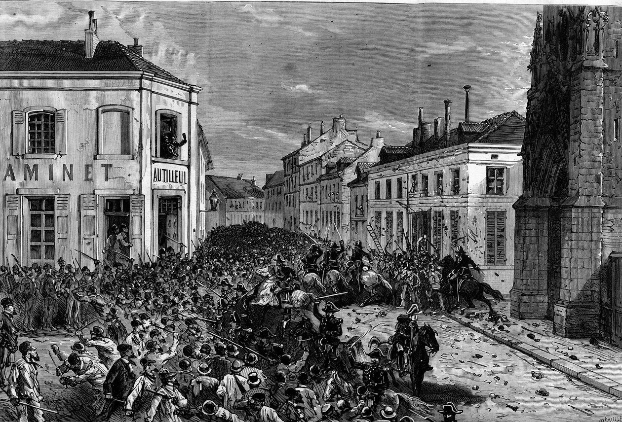 Uitdrijving van de Maristen van Tourcoing na de decreten van maart 1880 genomen door Jules Ferry en het verwijderen van het recht om les te geven aan leden van niet-erkende religieuze congregaties: de politie verspreidde de ruiters, vijandig tegenover de door French School
