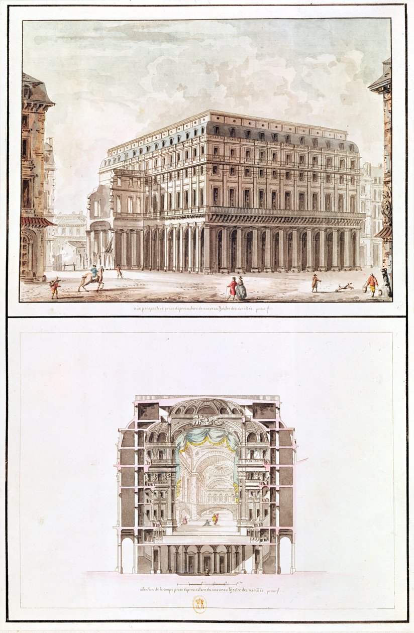 Exterieur en doorsnede van het interieur van het Theatre des Varietes, 6 rue de Richelieu door French School