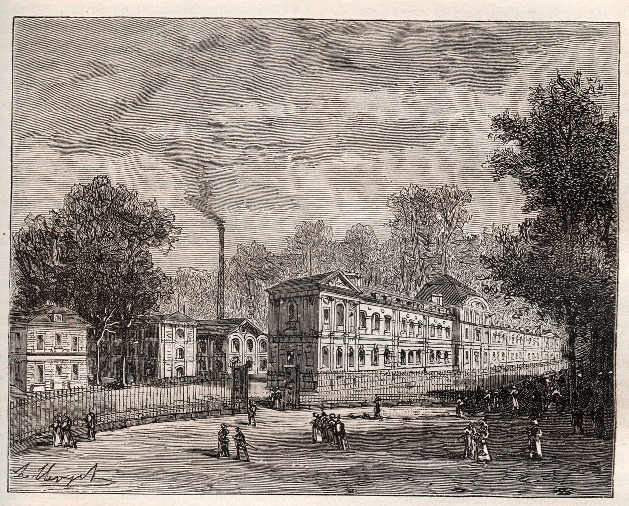 Buitenaanzicht van de Keizerlijke Porseleinfabriek van Sevres, gebouwd in het park van Saint Cloud volgens de plannen van architect Laudin - gravure in 
