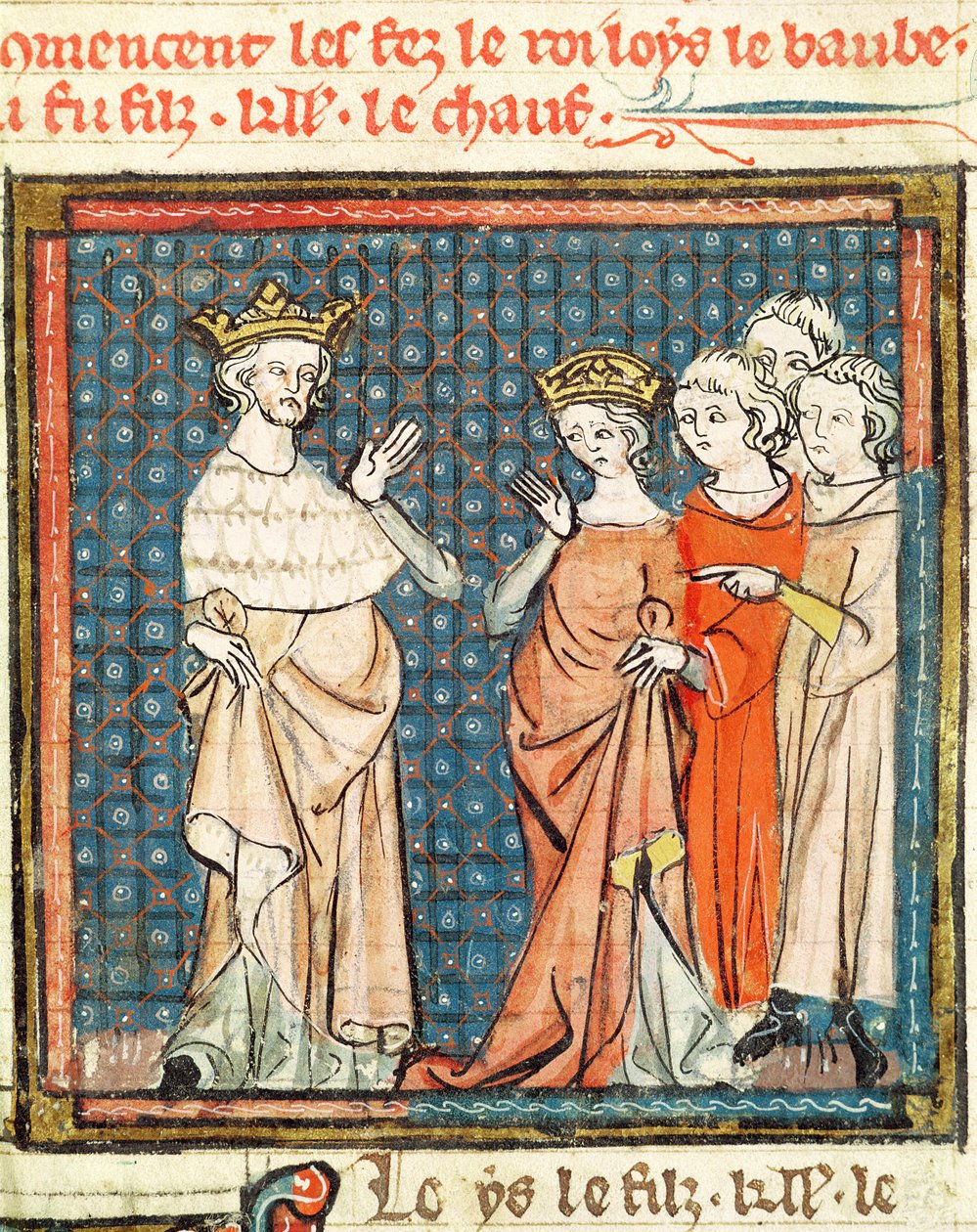 Het huwelijk van Lodewijk II (846-79) de Stotteraar en Adelaide van Frioul, koningin van Aquitanië, uit de Grandes Chroniques de France 1375-79 door French School