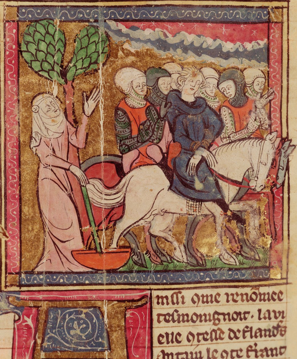 F.288r Ferdinand van Portugal (1186-1233) Graaf van Vlaanderen als gevangene naar Parijs gebracht na de Slag bij Bouvines, 27 juli 1214, Grandes Chroniques de France, 1375-79 door French School