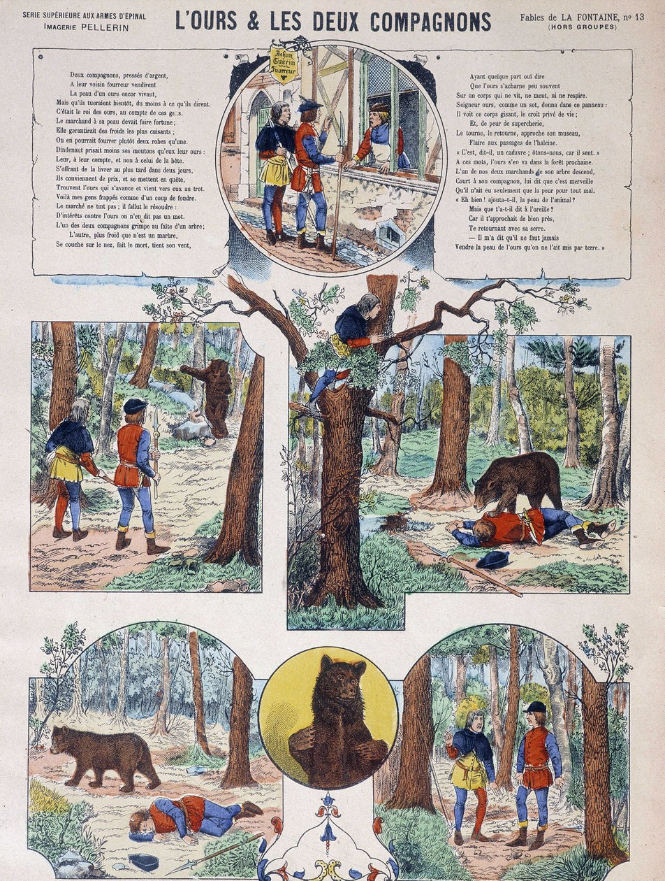 Fabel van La Fontaine: De beer en de twee metgezellen - Afbeelding van Epinal, uitgeverij Pellerin, eind 19e eeuw door French School