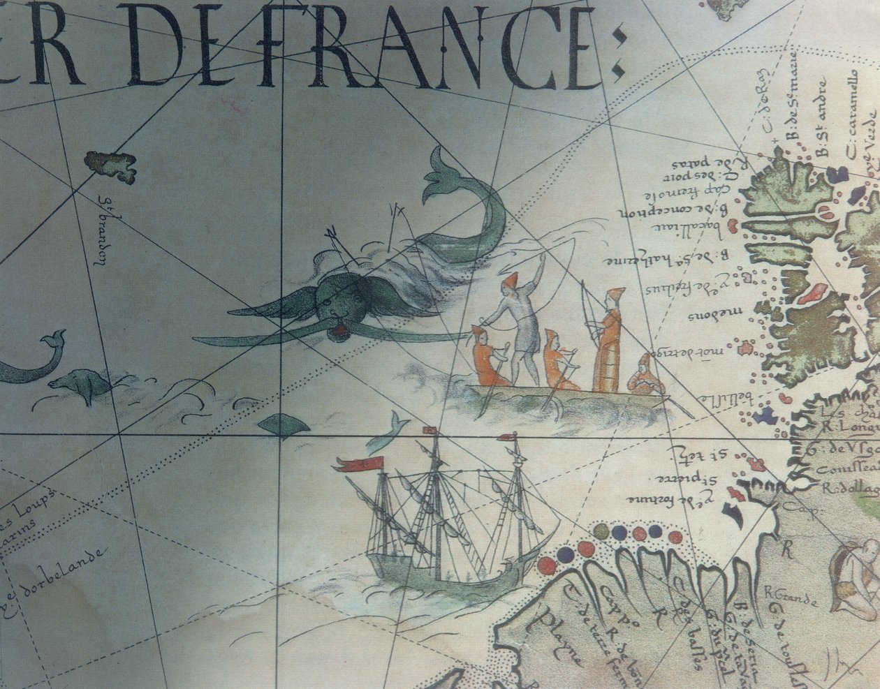 Facsimile van walvisvangst en eiland Saint Brandon, detail van een portolaan kaart door Pierre Desceliers, 1546, gepubliceerd in Monuments de la Geographie door Edme Francois Jomard (1777-1862) door French School