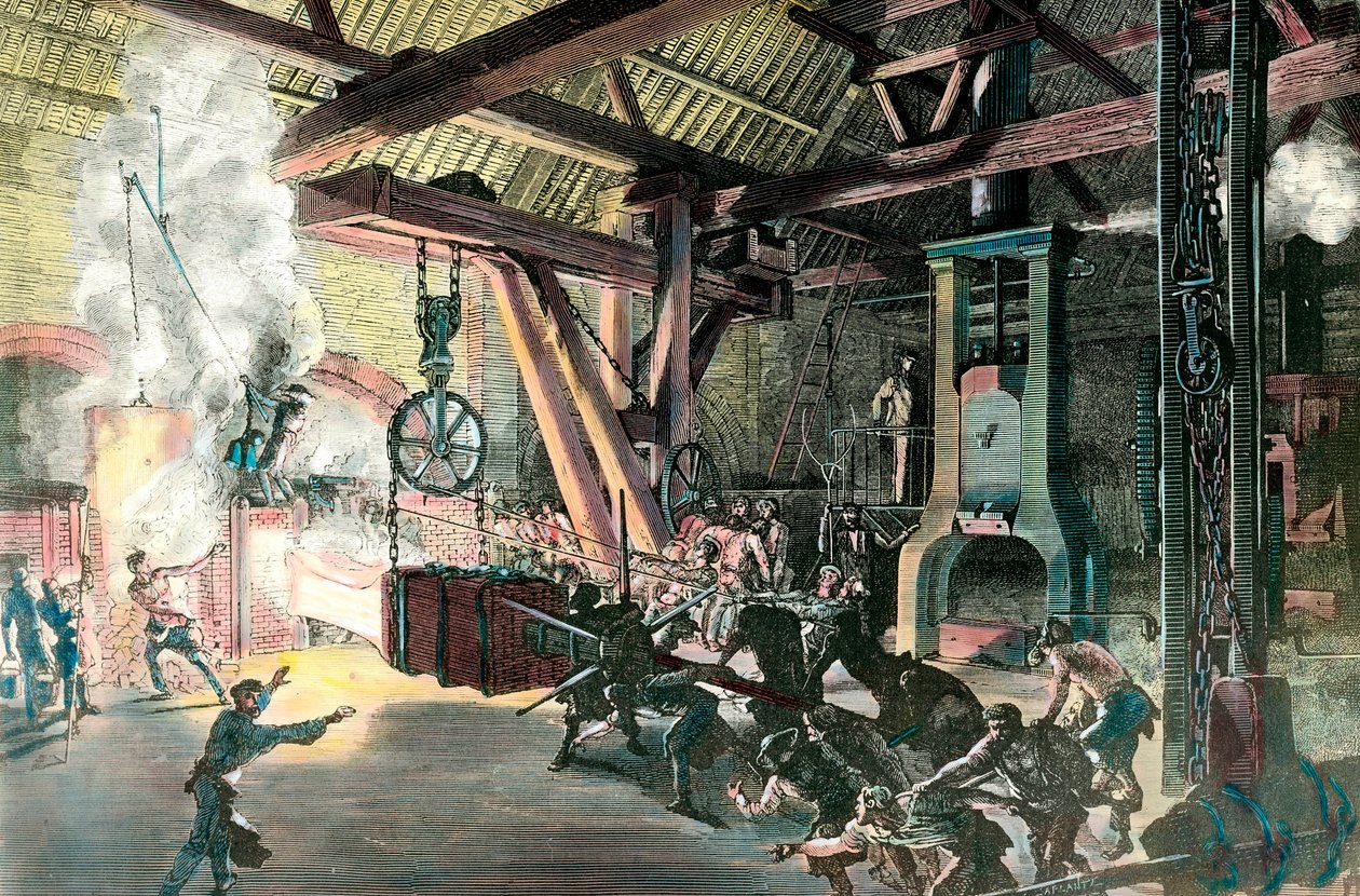 Fabriek: Le hamteau drummer (hamer-drummer) van de smederijen van Creusot in 1865. Gravure rond 1865. Privécollectie door French School