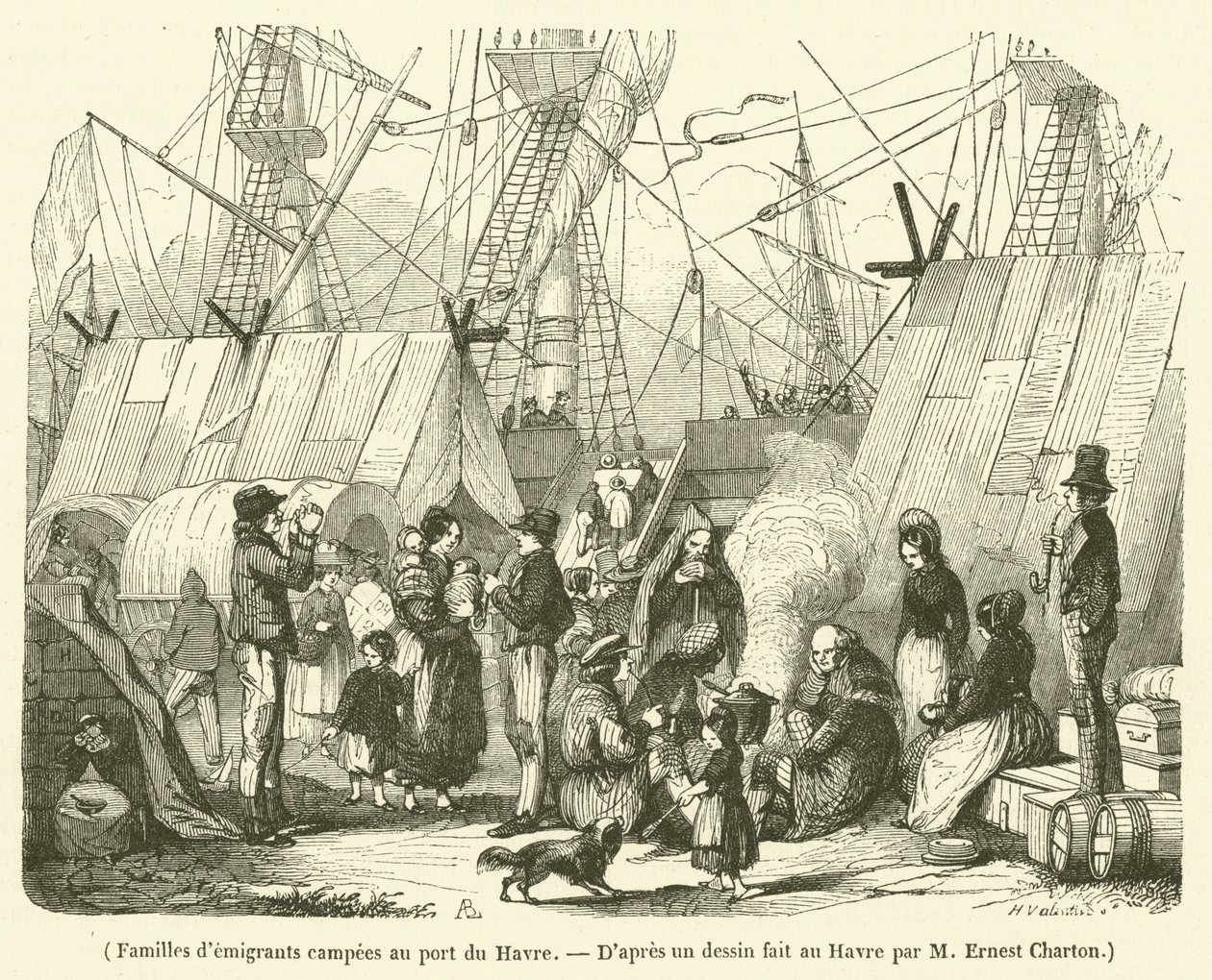 Emigrantengezinnen kamperen in de haven van Le Havre (gravure) door French School