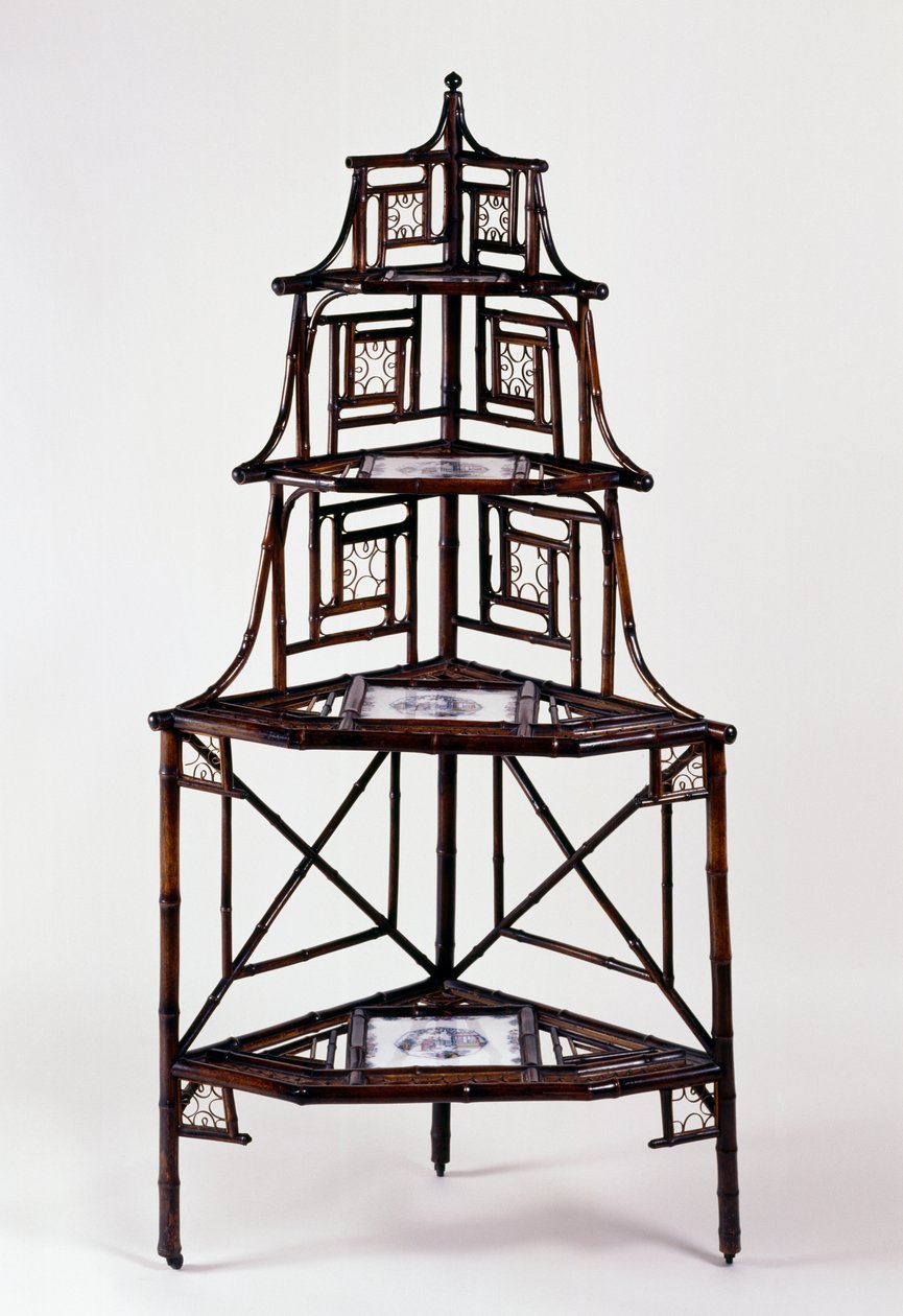 Verre Oosten stijl Tweede Keizerrijk (Napoleon III) bamboe hoeketagère plantenstandaard met Franse majolica tegels en vier niveaus, 2e helft van de 19e eeuw, Frankrijk door French School