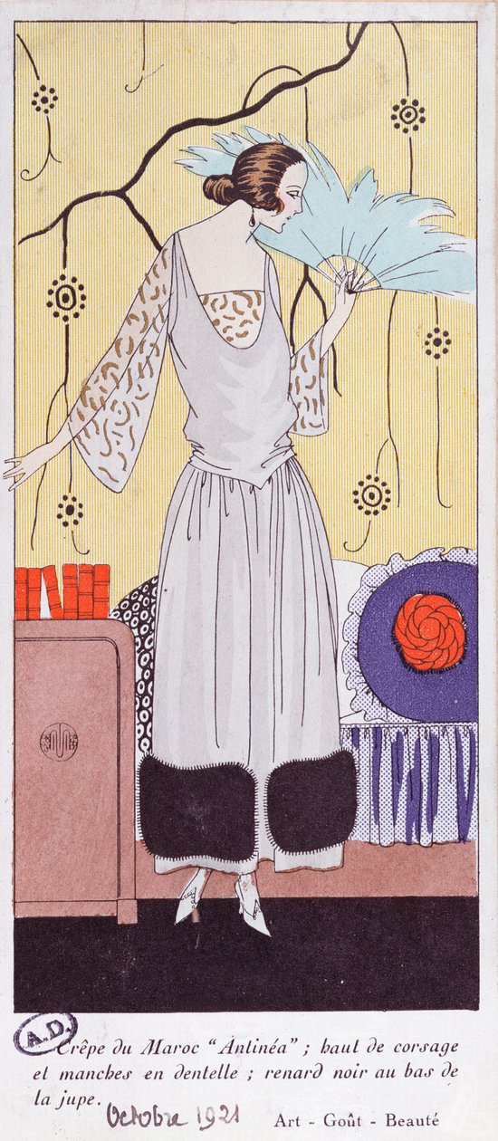 Modeplaat met afbeelding van een waaier gemaakt van veren, uit Art, Gout, Beaute, 1921 door French School