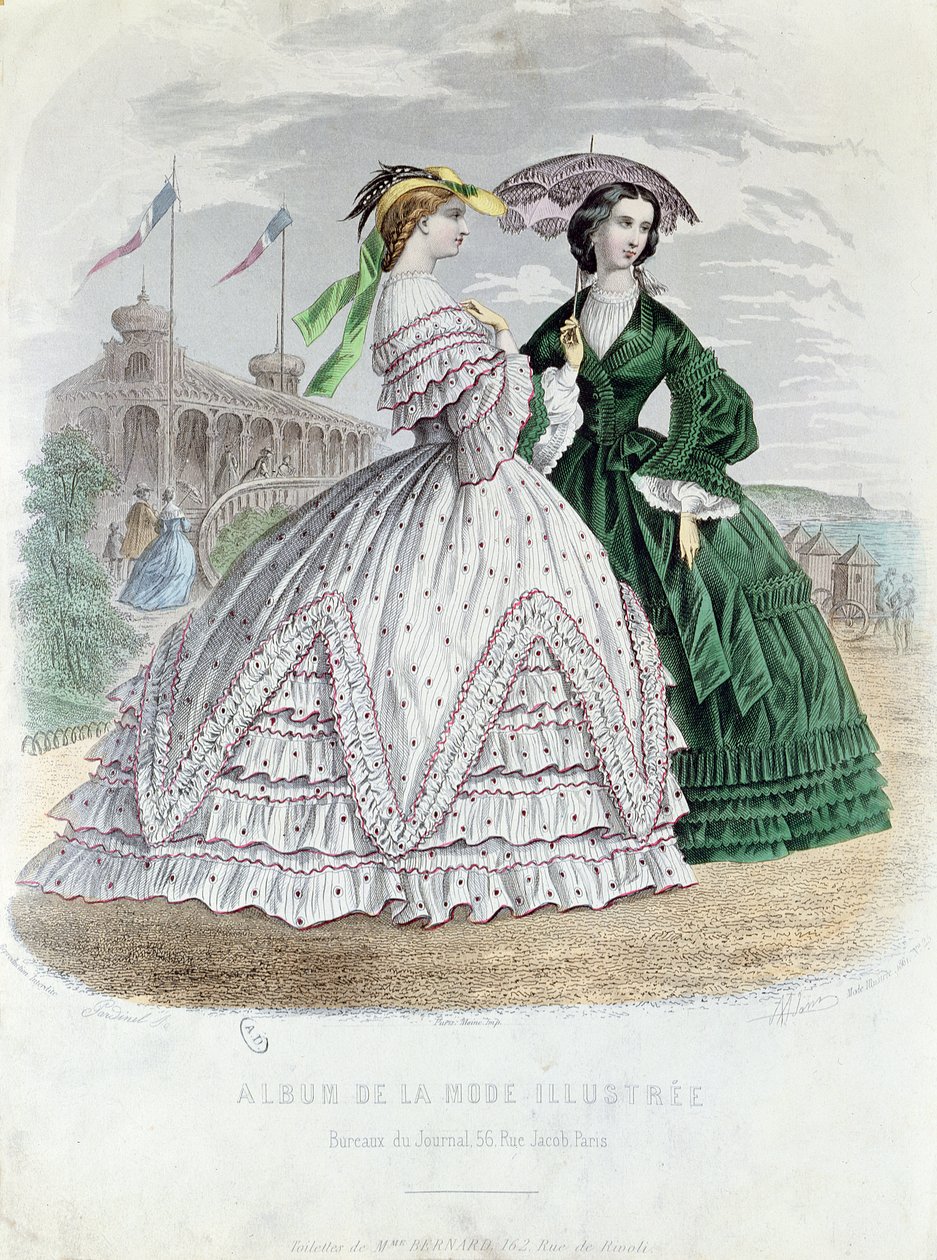 Modieuze Parijse dames aan zee, 1861 door French School