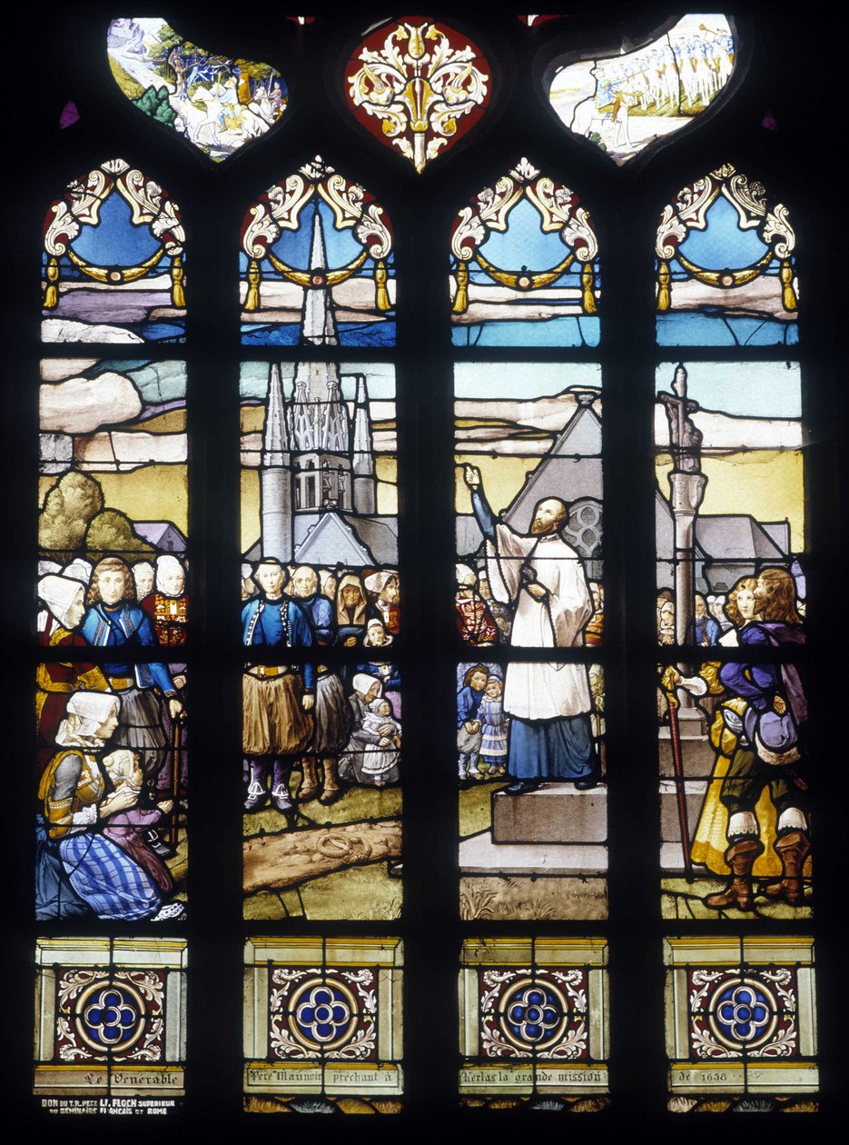 Vader Maunoir predikend in Kerlas de grote missie van 1658 - glas-in-loodramen van de St Germain kerk in Kerlaz door French School