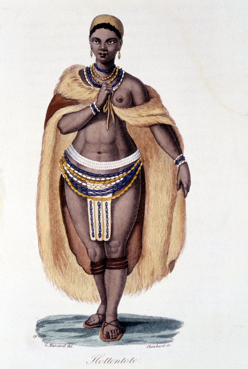 Hottentot vrouw (Venus Hottentot) in traditionele kleding - in 