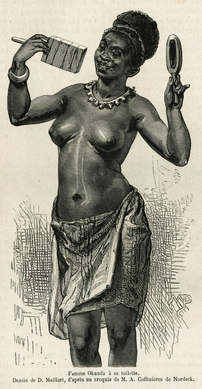 Femme Okanda doet haar toilet, tekening door D.Maillard, ter illustratie van het verhaal van een reis naar Gabon en de Ogoue-rivier, in 1875-1877, door Alfred Marche. Gravure in Le tour du monde door French School