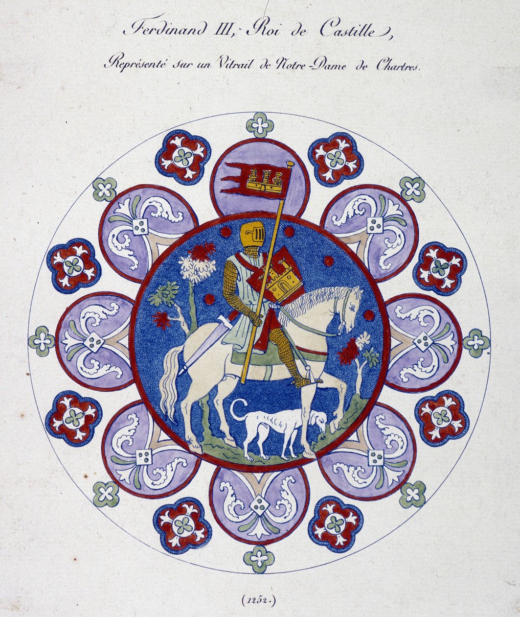 Fernand III, Koning van Castilië, afgebeeld op een glas-in-loodraam van de Notre Dame de Chartres (1252). College simile. door French School