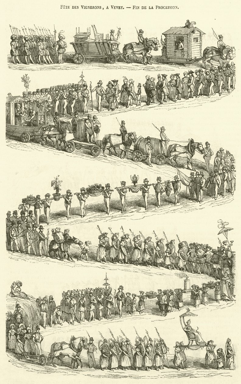 Fete des Vignerons, in Vevey, einde van de processie (gravure) door French School