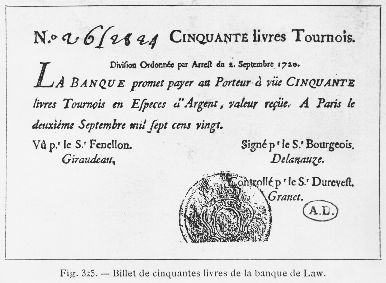 Vijftig pond Frans bankbiljet van de Law Bank, gedateerd 2 september 1720 door French School