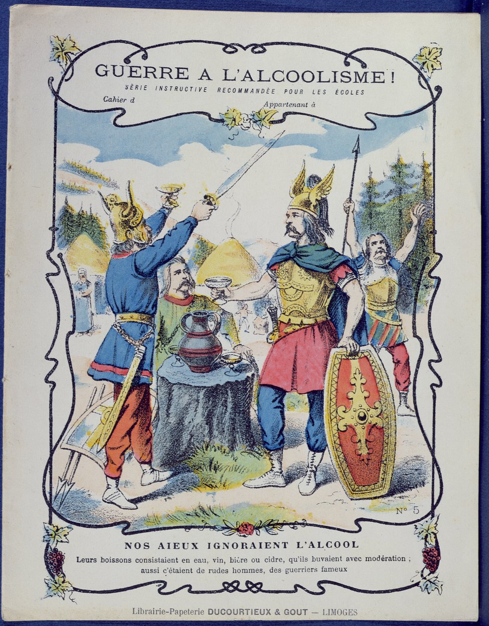 Strijd tegen alcoholisme!, een illustratie van Gallische krijgers van een beschermhoes voor schoolboeken door French School