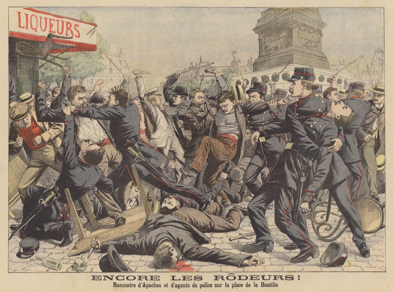 Gevecht tussen Apaches en de politie op de Place de la Bastille in Parijs (kleurenlitho) door French School