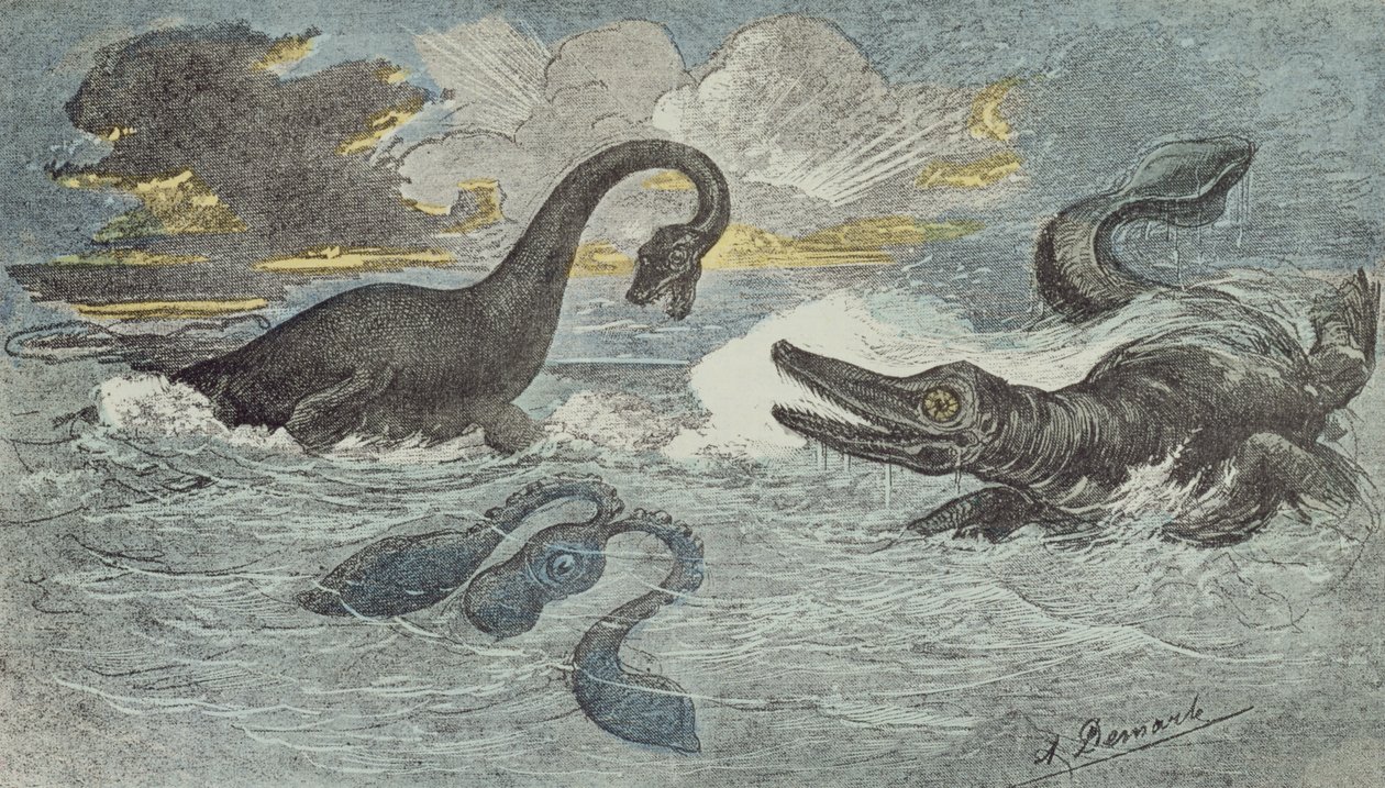 Gevecht tussen een Plesiosaurus en een Ichthyosaurus in het Liassische of Jura tijdperk (208 tot 146 miljoen jaar geleden), 1880 door French School