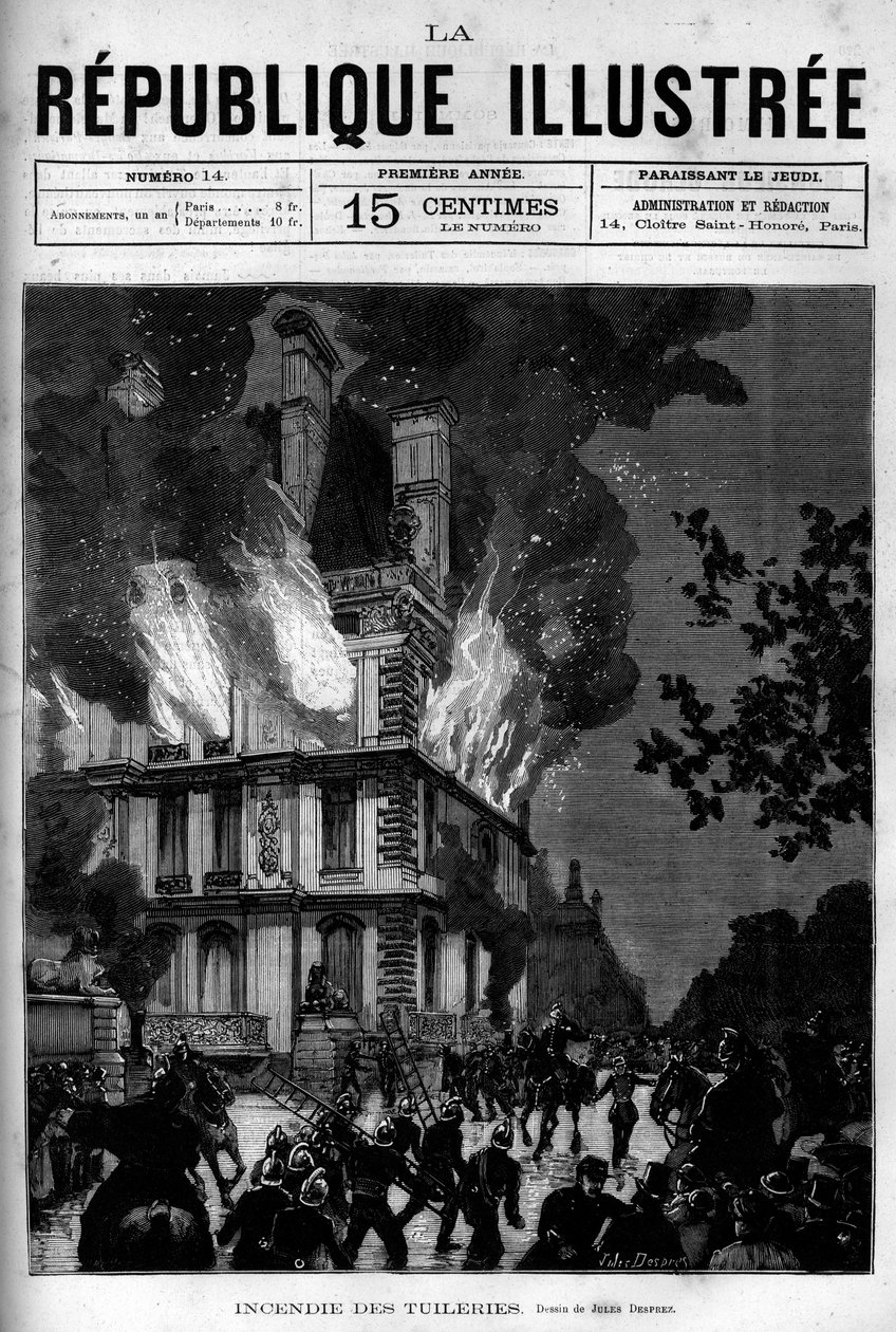 Brand van het Flore-paviljoen in de Tuilerieën in Parijs. Een krant. Gravure uit 1880 in 
