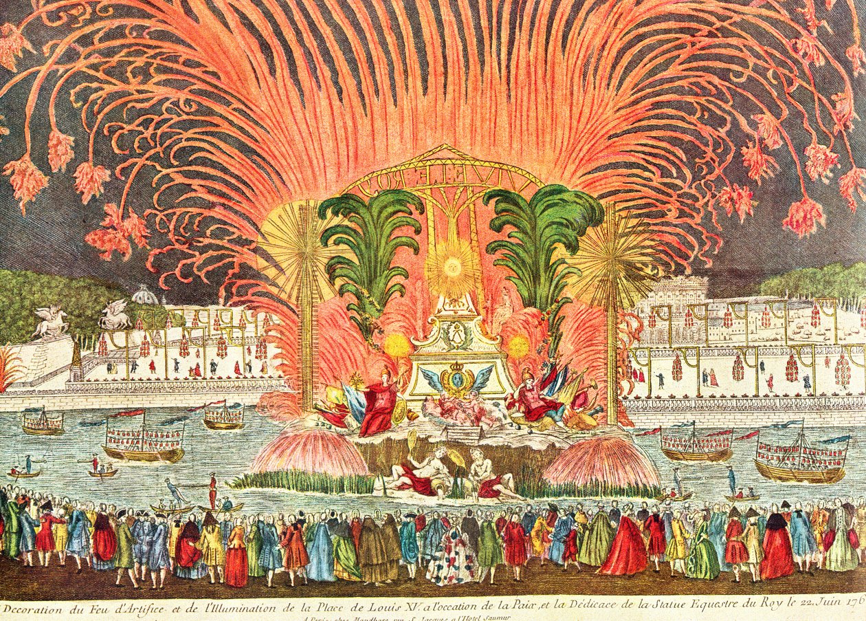 Vuurwerk op de Place Louis XV ter gelegenheid van de inwijding van het ruiterstandbeeld van de koning, 20 juni 1763 door French School