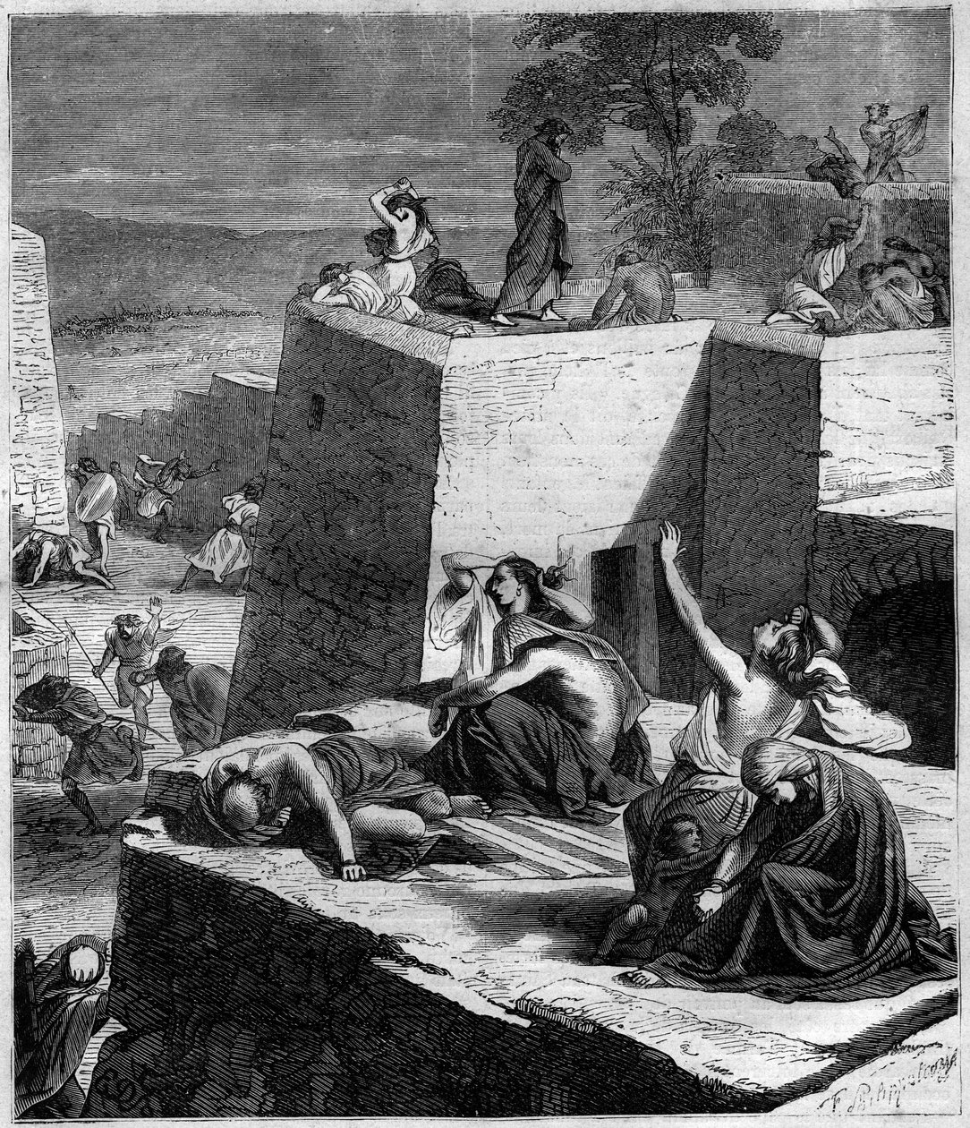 Eerste Kruistocht (1096-1099): De Duitse Kruisvaarders verpletteren de Hongaren en steken de steden in brand. Gravure in 