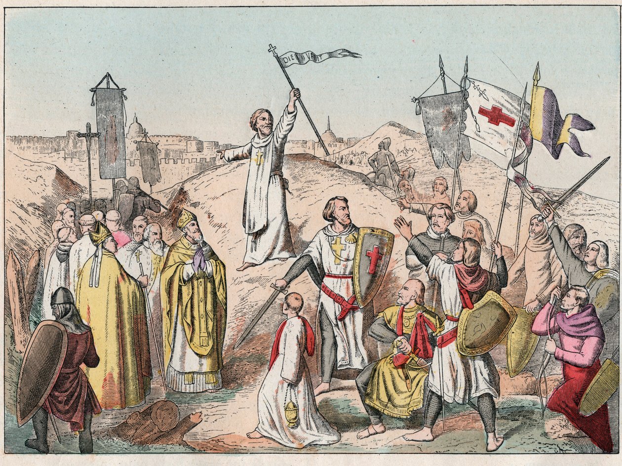Eerste Kruistocht: het beleg en de inname van Jeruzalem door de kruisvaarders onder leiding van Godefroy (Godefroi) de Bouillon (1058-1100) in 1099 - Godfried van Bouillon bij het Beleg van Jeruzalem - Gravure van het einde van de 19e eeuw in 