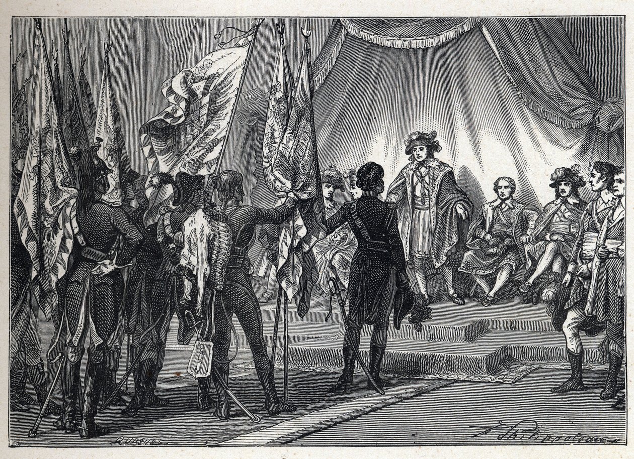 Eerste coalitie: Joachim Murat (1767-1815) presenteert aan het Uitvoerend Comité de vlaggen veroverd door het Franse leger, onder bevel van Napoleon Bonaparte, tijdens de Italiaanse veldtocht. Gravure uit 1889. Privécollectie. door French School