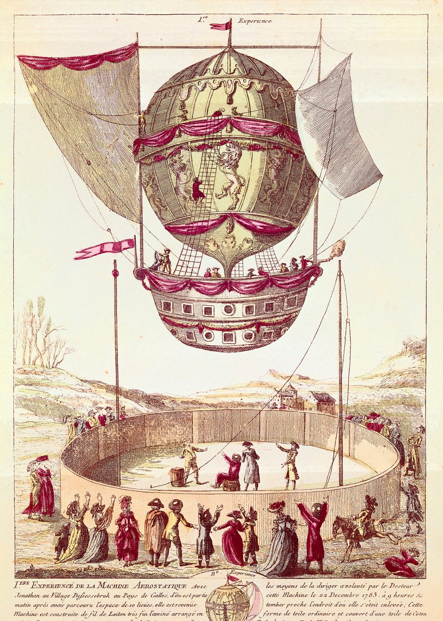 Eerste vlucht van een heteluchtballon, 22 december 1783 in Defsessebruk (Wales) door French School