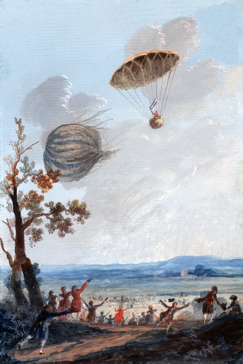 Eerste man die met een parachute afdaalde, 22 oktober 1797, in Parc Monceau, Parijs, ca. 1797 door French School