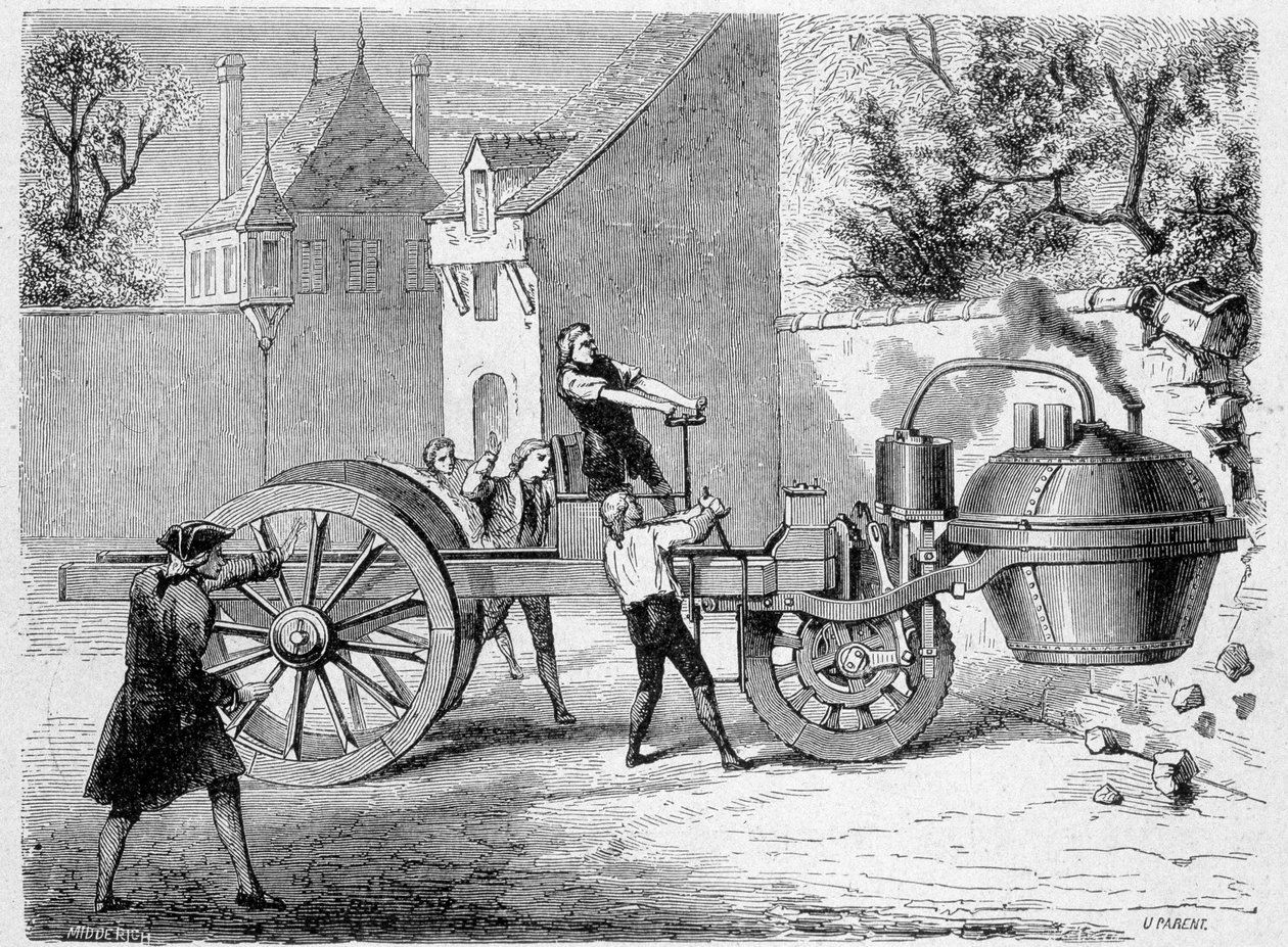 Eerste stoomauto (de fardier) geprobeerd door de uitvinder Cugnot, binnen het Arsenaal, Parijs door French School