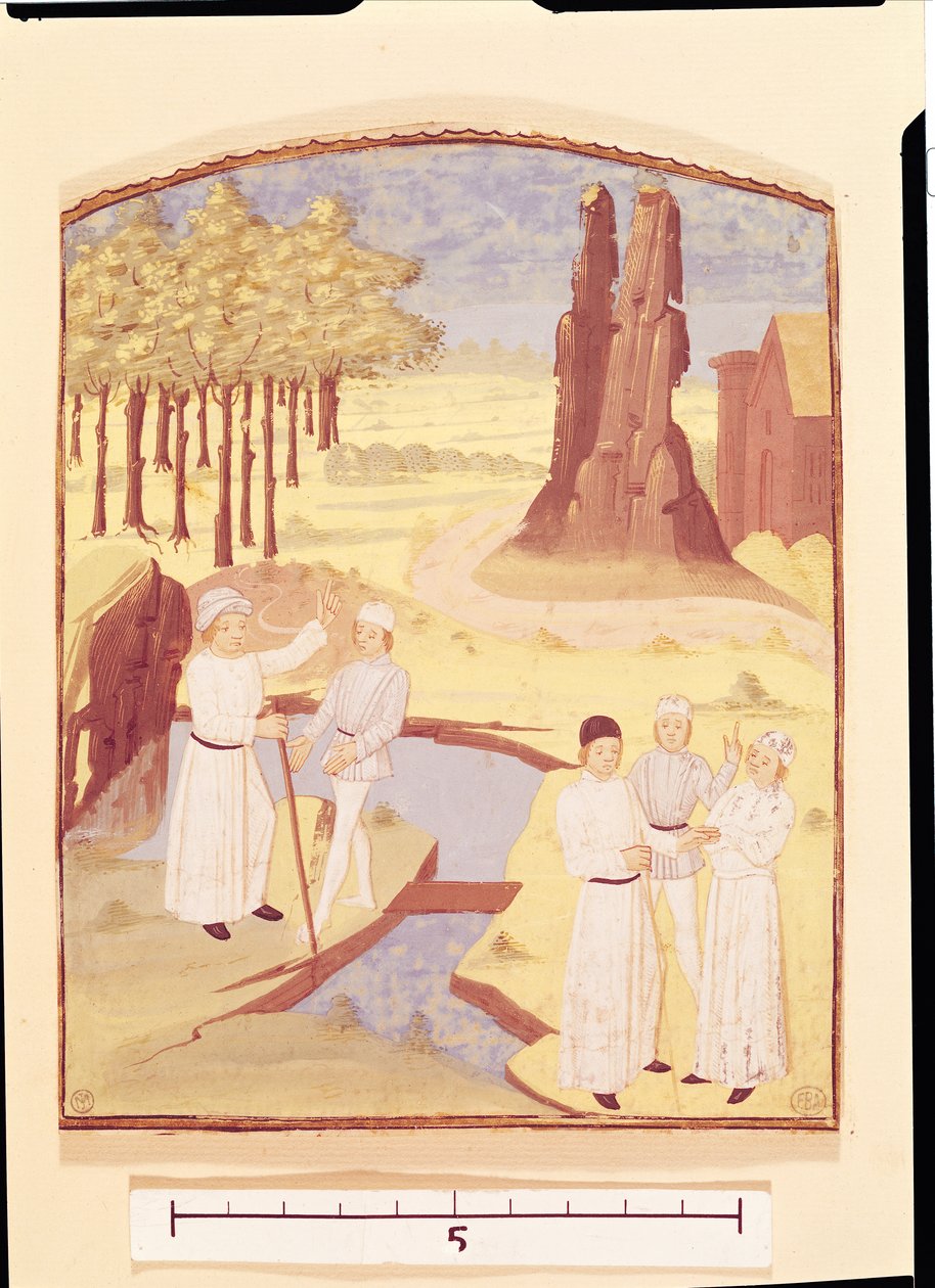 Vijf mensen die tuinontwerp bespreken, uit Livre des Prouffitz Champestres door Pietro de Crescenzi door French School